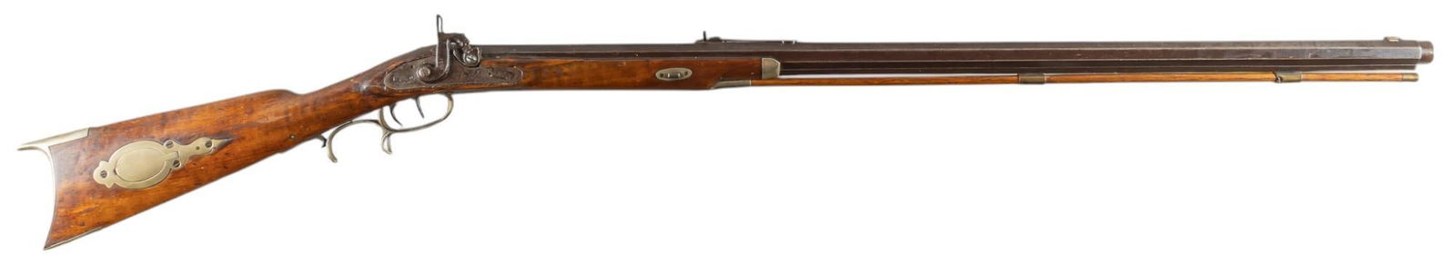 James Brown & Son .40 Cal Percussion Rifle: Serial: NSN Manufacturer: James Brown & Son-Pittsburg, PA / Enterprise Gun Works Model: Percussion Rifle Caliber: approx. .40 Barrel length: 36 in. OAL: 52.5 in. Condition: Fair; stock has light w