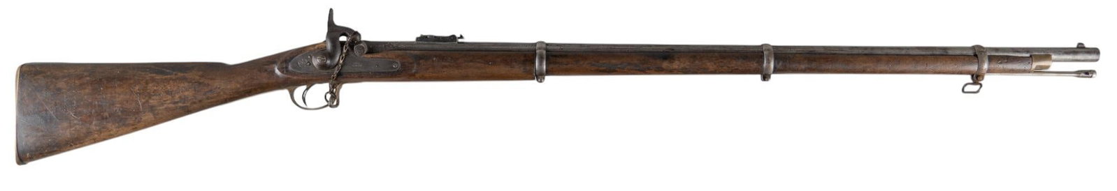 British Tower Model 1863 Enfield 58 Cal. Percussion Rifle: Serial: NSN Manufacturer: British Tower (Civil War Era) Model: 1863 Caliber: 58 cal Barrel length: 37 in. OAL: 54.5 in. Condition: Fair; wood stock has cracking & moderate wear; various initials m