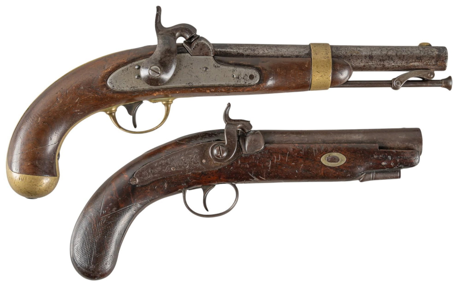 Pair of Percussion Pistols: Serial: NSN Manufacturer: (1) H. Aston & Co. (c. 1852); (2) W. Thompson & Co. Model: (1) U.S. Model 1842; (2) Percussion pistol Caliber: (1) 54 Cal; (2) approx. .60 Cal. Barrel length: (1) 8.5