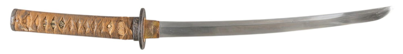 Mid-Edo Period Mumei Wakizashi W/ Nice Koshirae & Saya: Manufacturer: Mumei (unsigned) Model: Wakizashi (mid-Edo period c. 1700) Blade Length: 17 in. OAL: 27 in. in saya Condition: Fair-Good; blade has been reshaped; some Ware (flaws) from forging process 