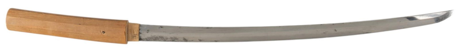 Nice Mid-Edo Period Omi No Kami Wakizashi W/ Shirasaya: Manufacturer: Omi-No-Kami Fujiwara Tsuguhiro (Mei signed on Nakago) (Echizen Province?) Model: Wakizashi (Mid-Edo period c. 1688-1704) Blade Length: 17 in. OAL: 27 in. in saya Condition: Good; blade h