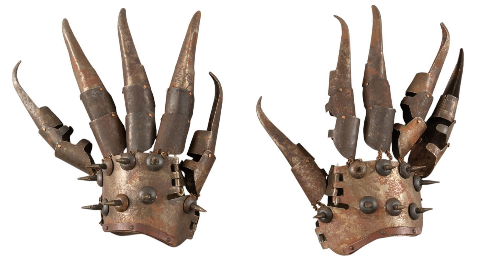 Antique Asian Tiger Claw Gauntlets: Antique Asian Tiger Claw Gauntlets -five finger gauntlets w/ clawed finger tips and spikes on the back of the hand guards; connected w/ copper wire & pins Condition: scattered rust & patina co