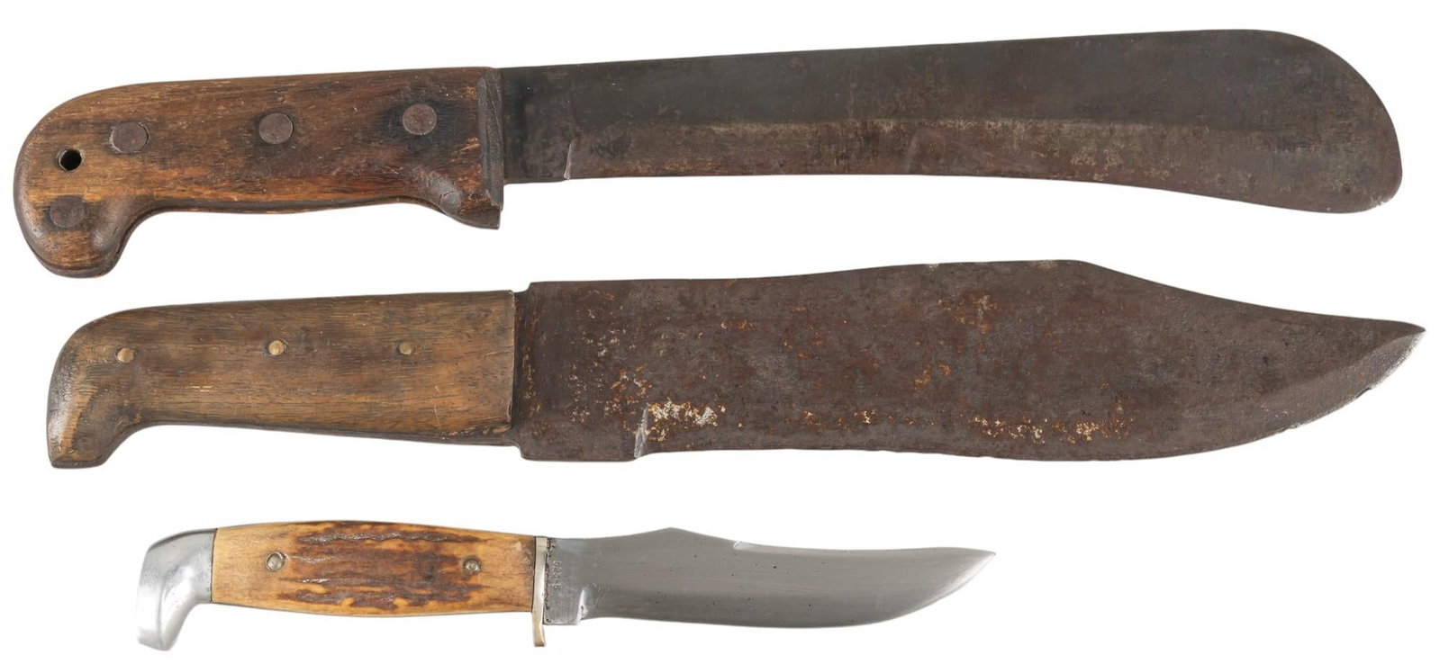 Lot of 3 Knives: Manufacturer: (1) Case; (2) Case; (3) Unknown Model: (1) #523-5; (2) Bolo; (3) Buffalo Skinner (Civil War Era) Blade Length: (1) 4.75 in.; (2) 10 in.; (3) 9.875 in. OAL: (1) 8.75 in.; (2) 15.5 in.; (3