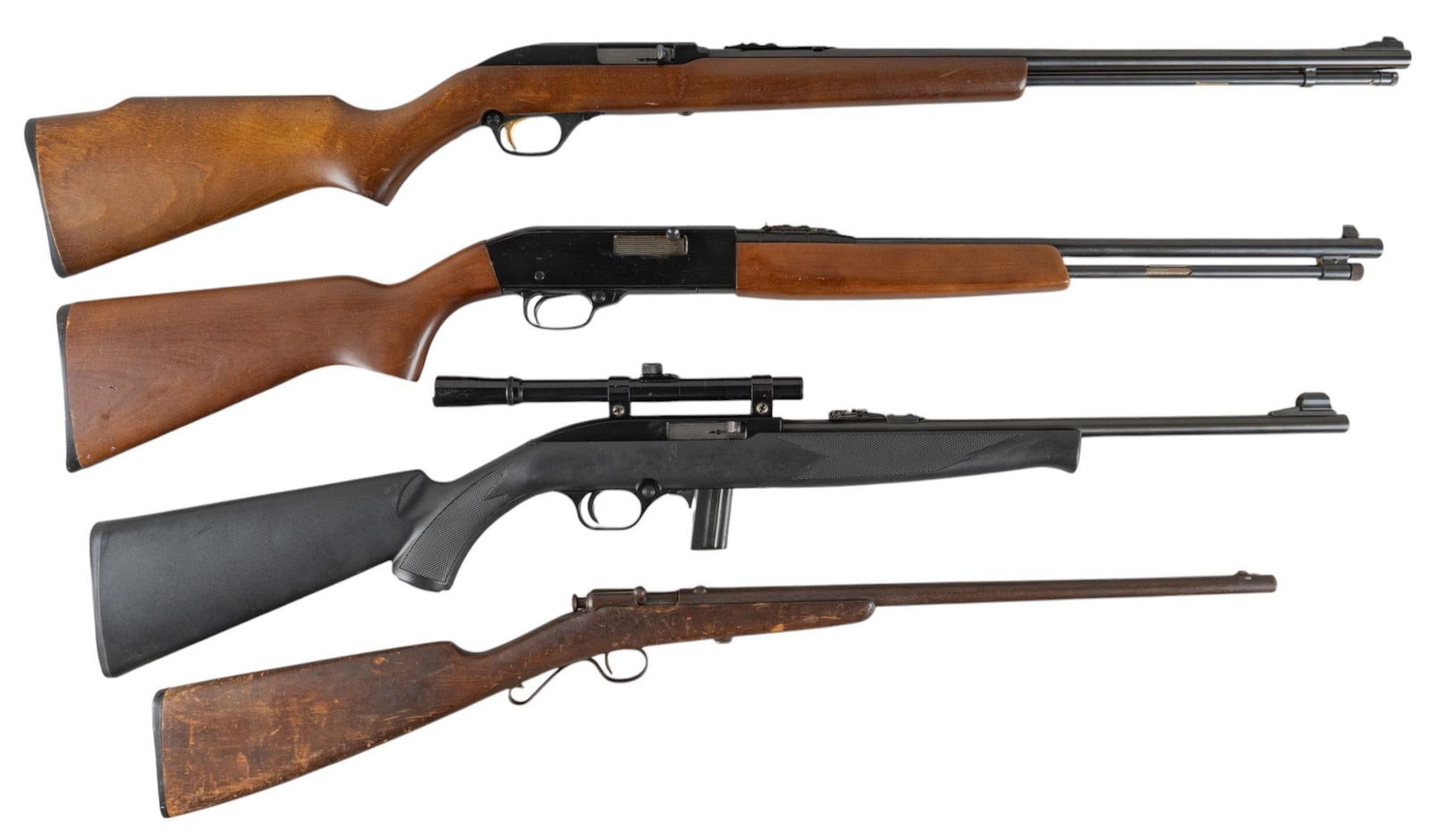 Collection of 4 22 LR Rifles: Serial: (1) 12443184; (2) E113063778; (3) R240358; (4) NSN Manufacturer: (1) Marlin; (2) CBC; (3) Sears, Roebuck & Co.; (4) Winchester c. 1902 Model: (1) 60; (2) 702 Plinkster; (3) Ted Williams Mo