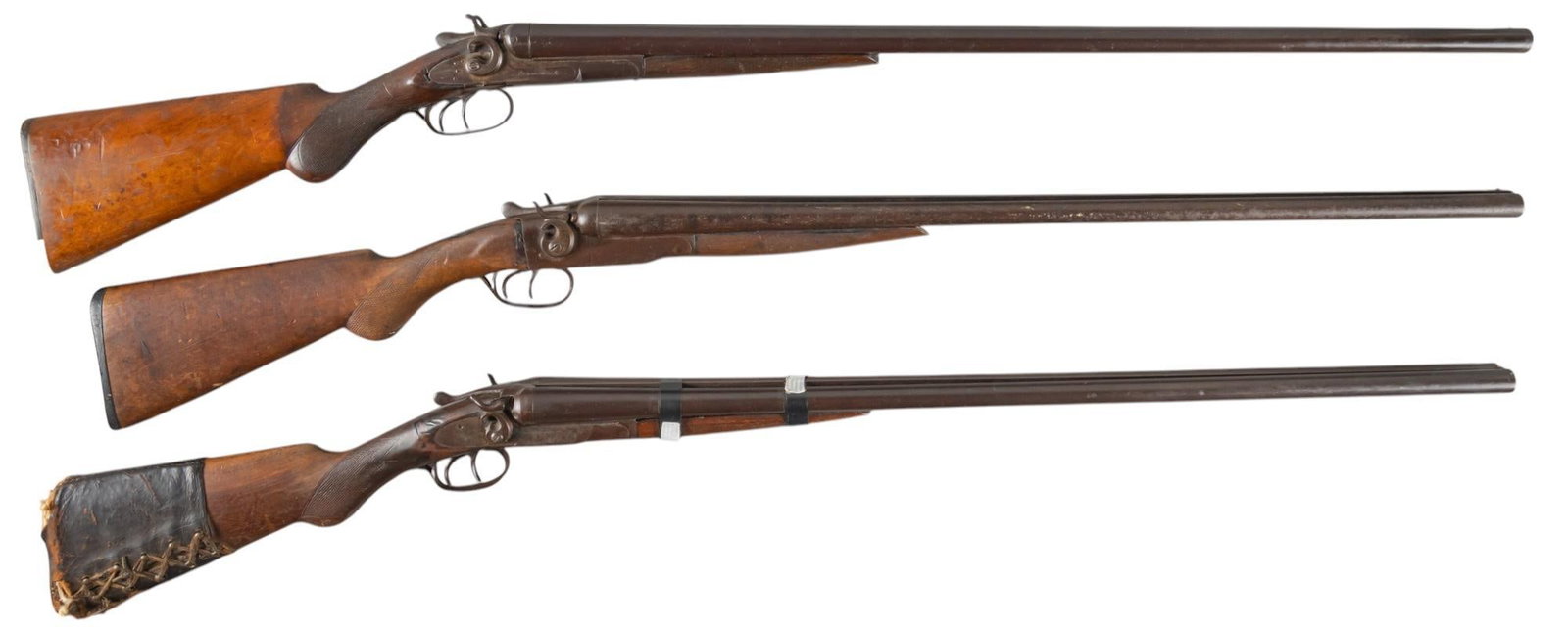 Lot of 3 Hammered SXS Shotguns: Serial: (1) 157817; (2) 64862; (3) 200191 Manufacturer: (1) L.C. Smith / Hunter Arms Co. (2) J. Stevens Arms; (3) Remington Arms Co. Model: (1) F Grade; (2) SXS; (3) 1889 Grade 3 Caliber: (1) 12 Ga.; 