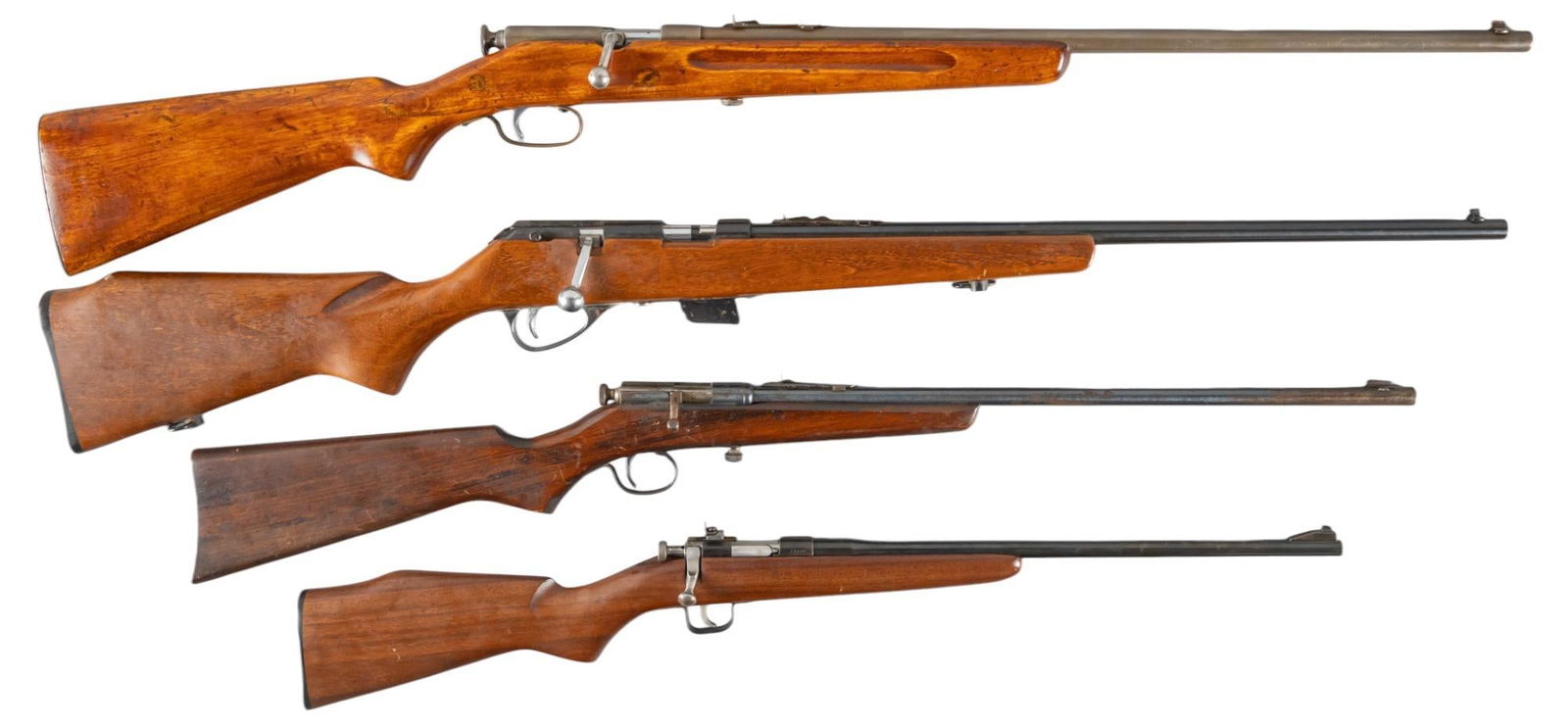 Lot of 4 Mixed 22 LR Rifles: Serial: (1-3) NSN; (4) 27899 Manufacturer: (1) J. Stevens Arms Co.; (2) Sears, Roebuck & Co. ; (3) C.J. Hamilton & Son; (4) Oregon Arms Inc. Model: (1) 53-B; (2) 42 DL-103; (3) No. 51; (4) Chi