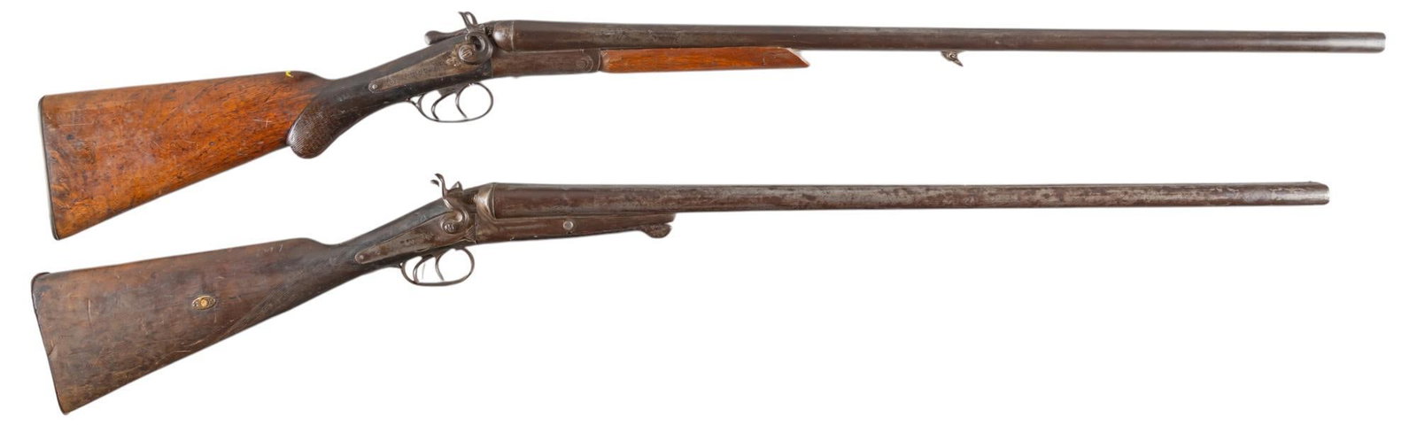 Pair of SXS Belgian Shotguns: Serial: (1) 23435; (2) NSN Manufacturer: (1) Hunter Arms Co.-Belgium; (2) W. Richards-Belgium Model: (1) SXS Hammered; (2) SXS Underlever Caliber: (1) 12 Ga.; (2) 12 Ga. Barrel length: (1) 31.5 in.; (