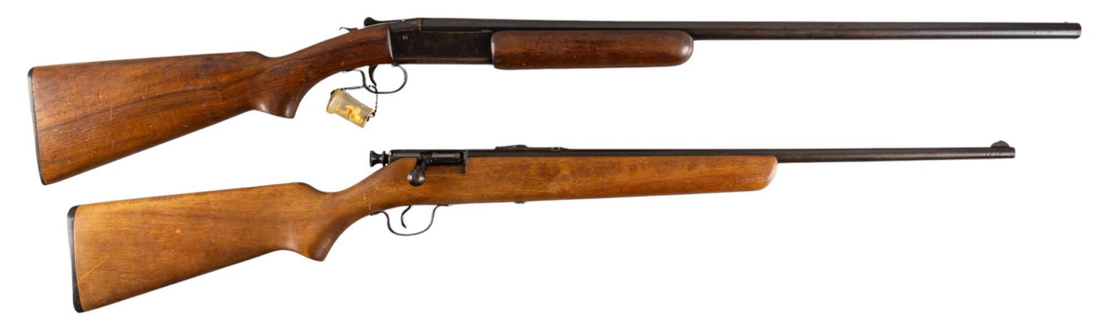 Winchester Model 37 20ga Shotgun & Savage Model 15-B 22 LR Rifle: Serial: (1) NSN ; (2) NSN Manufacturer: (1) Winchester ; (2) Savage Arns Corp. Model: (1) 37 ; (2) Stevens Model 15-B Caliber: (1) 20ga ; (2) 22 LR Barrel length: (1) 28 in. ; (2) 23.75 in. OAL: (1) 4
