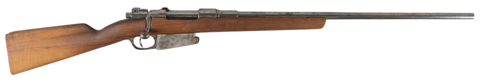 Argentine Mauser Loewe M1891 Sporter 7.65x53 Bolt Action Rifle: Serial: B9487 Manufacturer: Loewe-Berlin Model: M1891 Caliber: 7.65x53 Argentine Barrel length: 24 in. OAL: 42.5 in. Condition: Fair; wood stock has light handling marks; barrel & receiver have be