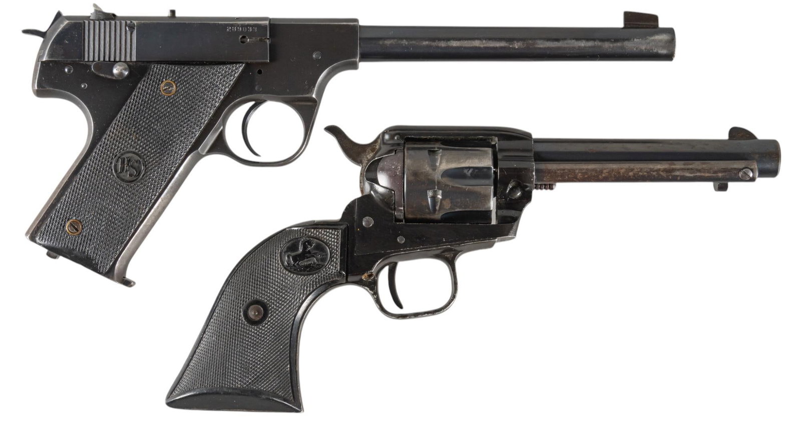 Colt Frontier Scout and High Standard HB 22 LR Pistols: Serial: (1) 289033; (2) 141588F Manufacturer: (1) High Standard; (2) Colt's PT.F.A. Mfg. Co. (c. 1961) Model: (1) HB; (2) Frontier Scout Caliber: (1 & 2) 22 LR Barrel length: (1) 6.5 in.; (2) 