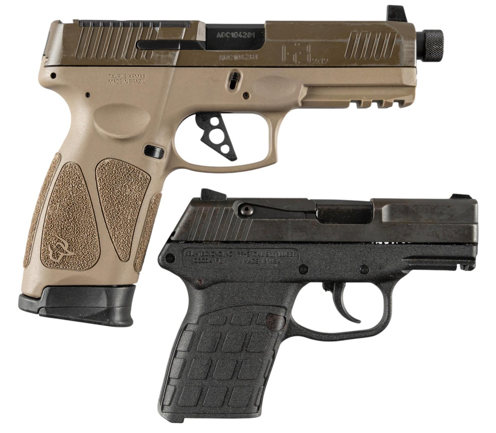 Pair of 9mm Semi-Auto Pistols: Serial: (1) RKY41; (2) ADC104281 Manufacturer: (1) Kel-Tec; (2) Taurus-Brazil/Taurus Int'l Mfg. Model: (1) PF-9; (2) G3 Caliber: 9mm Barrel length: (1) 3 in.; (2) 4.5 in. OAL: (1) 6; (2) 7.5 in. C