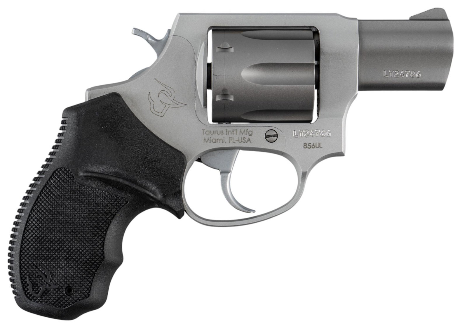 Taurus 856UL 38SPL Revolver: Serial: LY24786 Manufacturer: Taurus-Brazil/Taurus Int'l Mfg. Model: 856UL Caliber: 38 spl Barrel length: 2 in. OAL: 6.5 in. Condition: Good; grips are mostly free of wear with very light handling