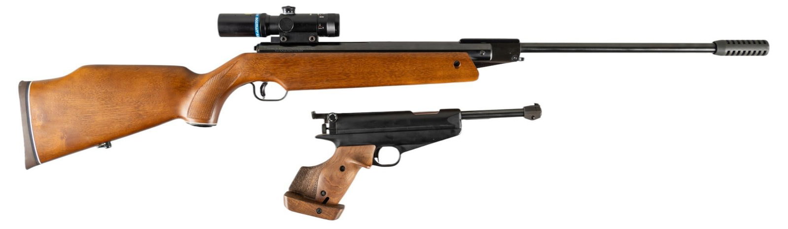 Pair of Feinwerkbau Beeman Air Guns: Pistol and Rifle: Serial: (1) 134518; (2) 15070 Manufacturer: (1 & 2) Feinwerkbau Oberndorf-Germany / Beeman Model: (1) 65; (2) Sport 124 Caliber: (Both) .177 Cal pellet Barrel Length: (1) 6 in.; (2) 18.5 in. OAL: 
