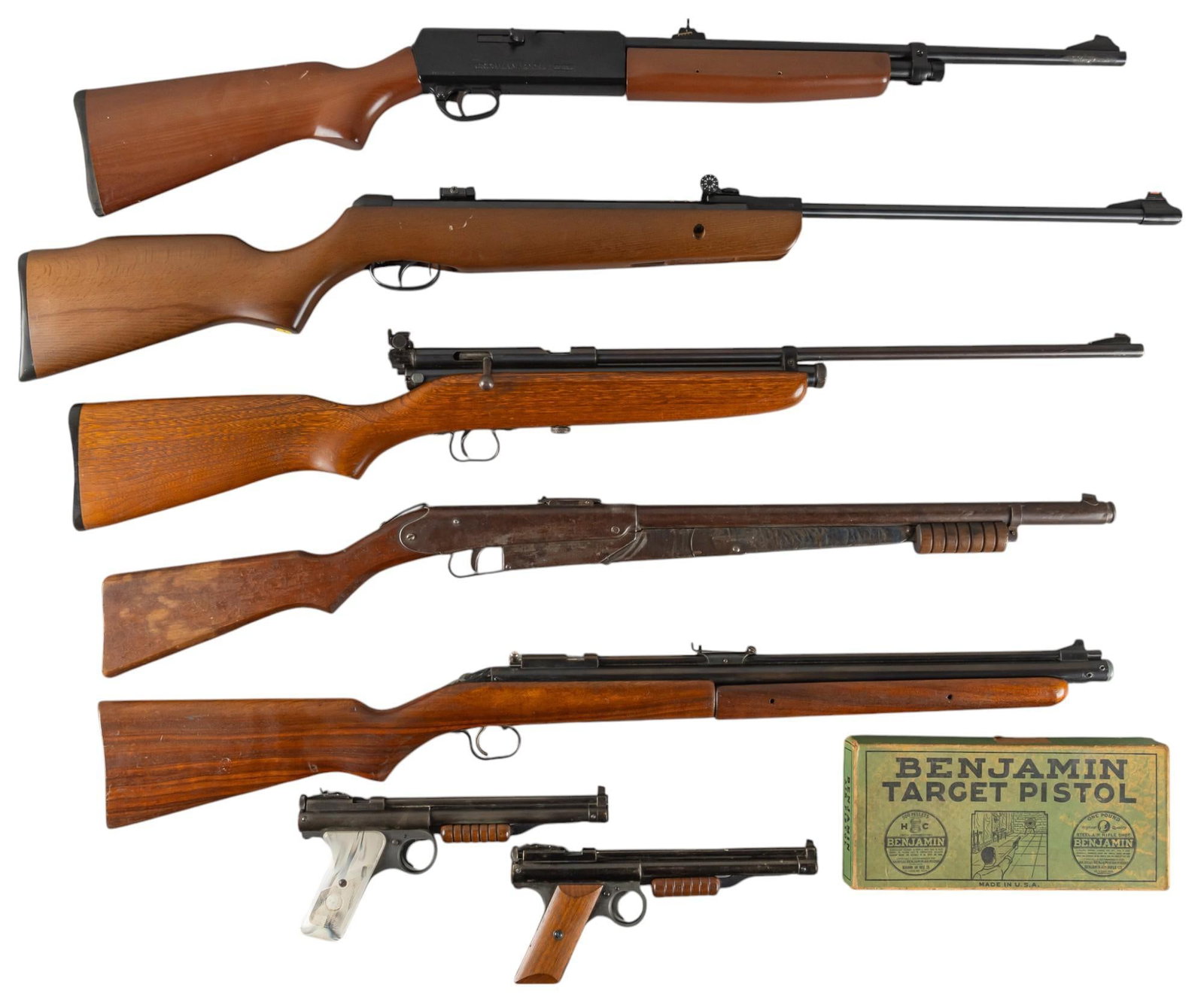 Collection of 7 Mixed Air Guns: Collection of 7 Mixed Air Guns Includes: (1) Gamo Hunter 220 .177 pellet rifle; functioning; good condition; 43 in. long (2) Crosman 160 Pellgun 22 Cal.; needs CO2 cartridges; used condition; rear Cro