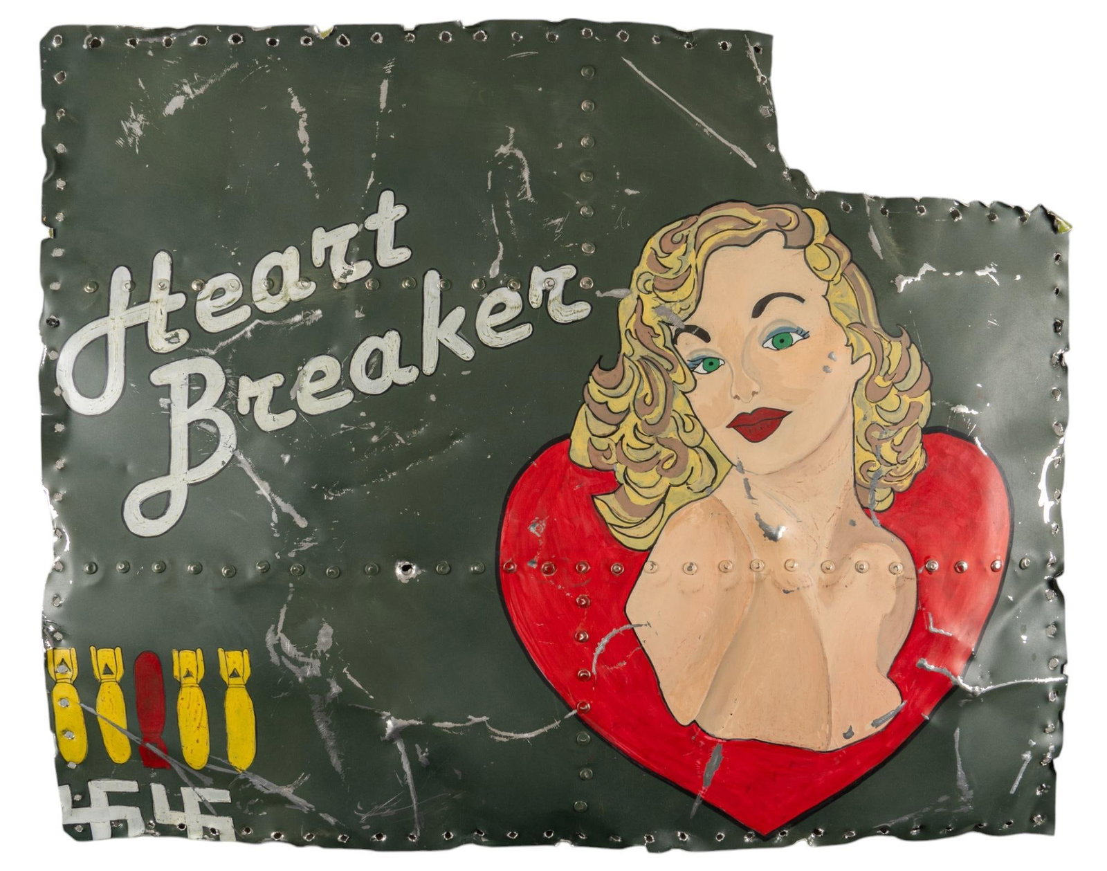 Contemporary Repro WWII Aviation Nose Art Panel: "Heart Breaker": Lindafaye Allen (Hearts In Armour), "Heart Breaker", signed "LA, 2015" on reverse, contemporary reproduction aviation "Nose Art" hand-painted on aluminum panels Dimensions: 24 