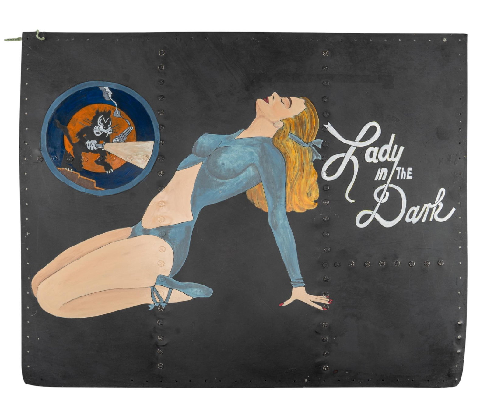 Contemporary Repro WWII Aviation Nose Art Panel: "Lady In The Dark": Lindafaye Allen (Hearts In Armour), "Lady In The Dark", signed "Lindafaye Anne / 2019" on reverse, contemporary reproduction aviation "Nose Art" hand-painted on aluminum panels