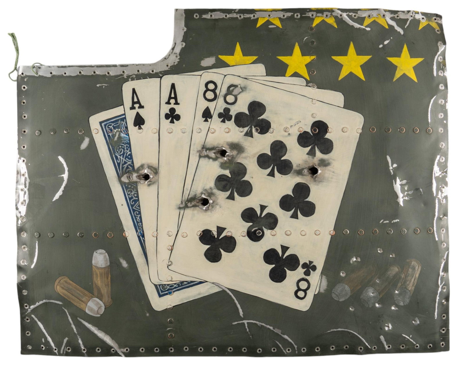 Contemporary Repro WWII Aviation Nose Art Panel: Two Aces: Lindafaye Allen (Hearts In Armour), Two Aces, signed "Lindafaye Anne / 2019" on reverse, contemporary reproduction aviation "Nose Art" hand-painted on aluminum panels Dimensions: 24 in
