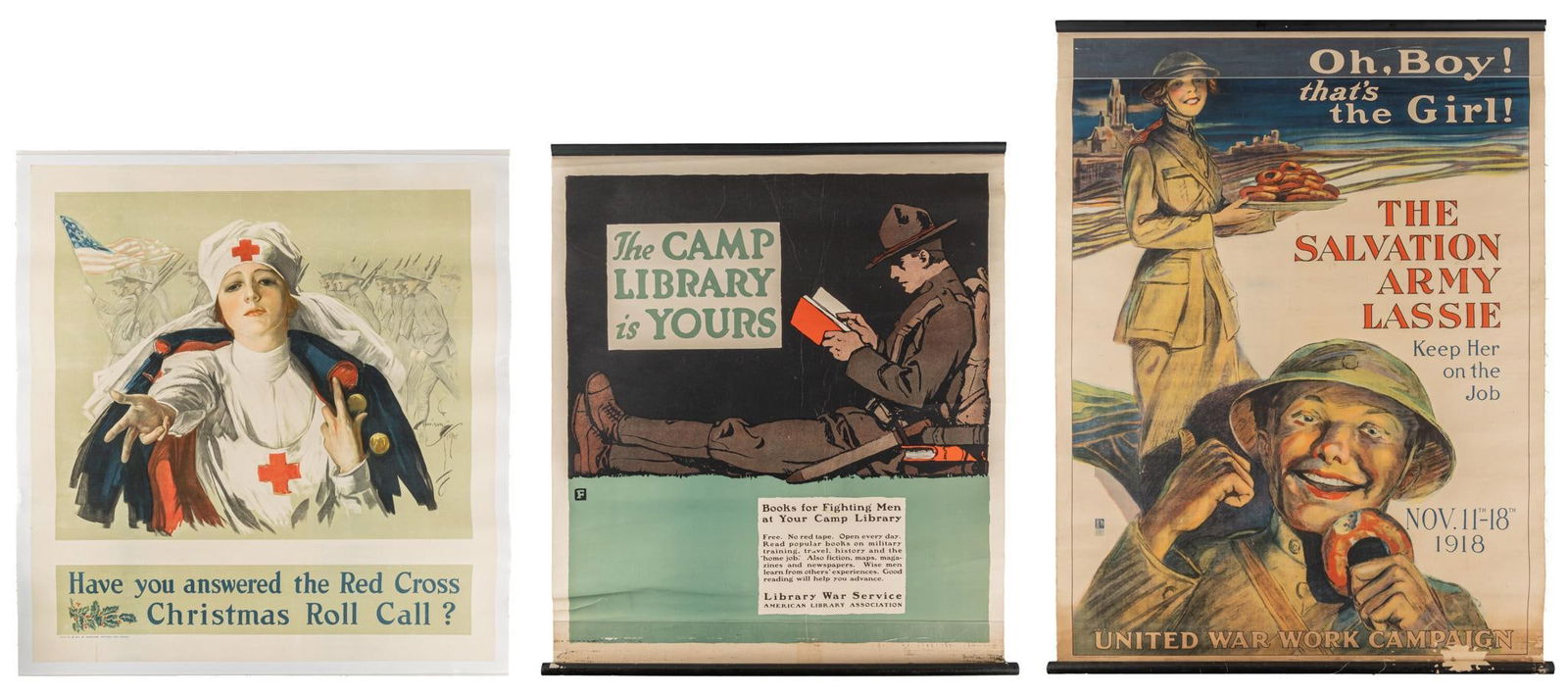 Set of 3 WWI U.S. Morale Propaganda Posters: Includes: -Harrison Fisher, "Have you answered the Red Cross Christmas Roll Call?", c. 1918, American National Red Cross, very light wear commensurate with age including light foxing crumbling