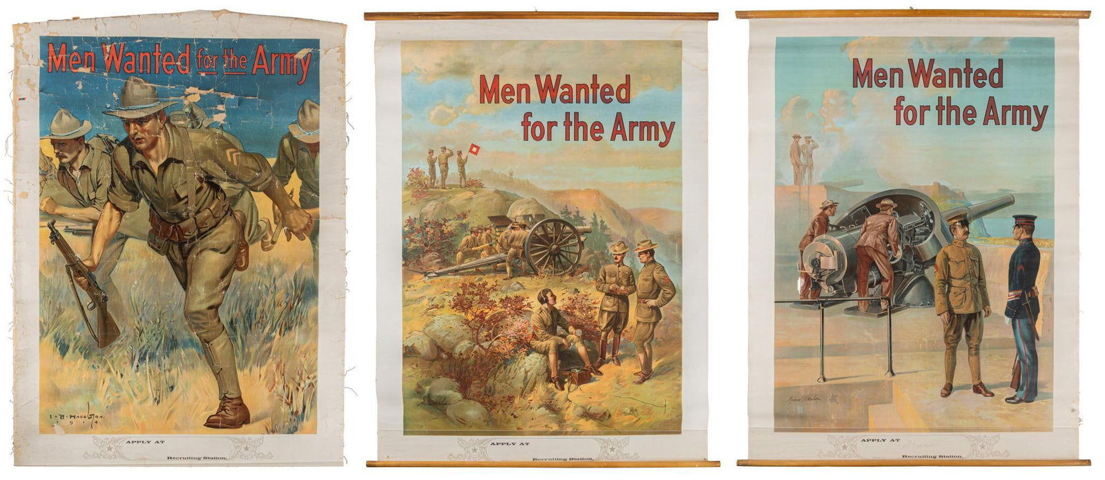 Set of 3 Army Recruiting Posters: Includes: -Michael P. Whelan, "Men Wanted for the Army" Coastal Artillery, c. 1915, American Lithographic Co. NY, Lithograph, wear commensurate with age including foxing, light crumbling &