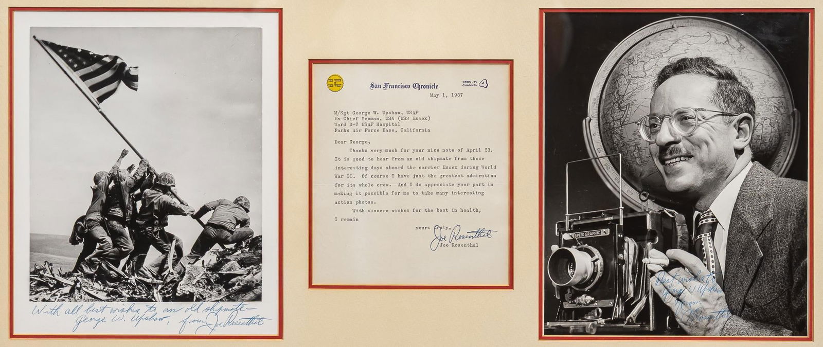 Joe Rosenthal Signed Iwo Jima Photographs & Personal Letter: Includes: Framed & matted Pulitzer Prize winning photographer, Joe Rosenthal signed photos and letter, all addressed to George W. Upshaw -Joe Rosenthal signed photo copy of the famous "Raising the Fla