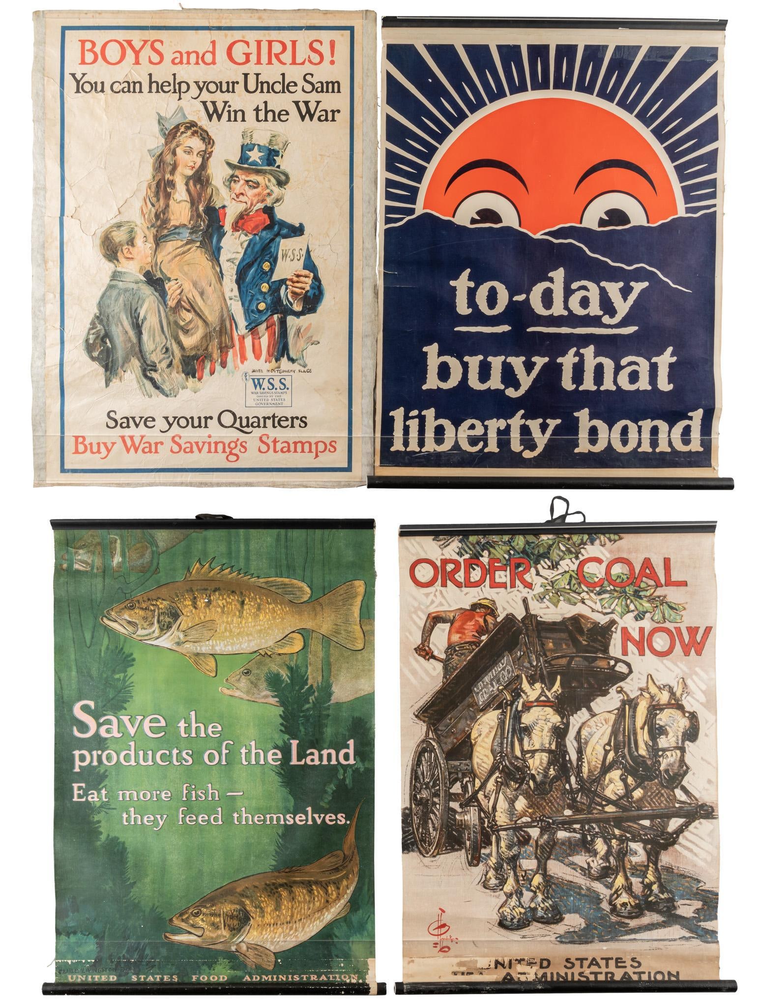 Set of 4 WWI U.S. Propaganda Posters: Includes: -James Montgommery Flagg, "Boys and Girls! You can help your Uncle Sam Win the War" WSS Propaganda, c. 1917, American Lithographic Co. NY, Lithograph, light-moderate wear commensurat