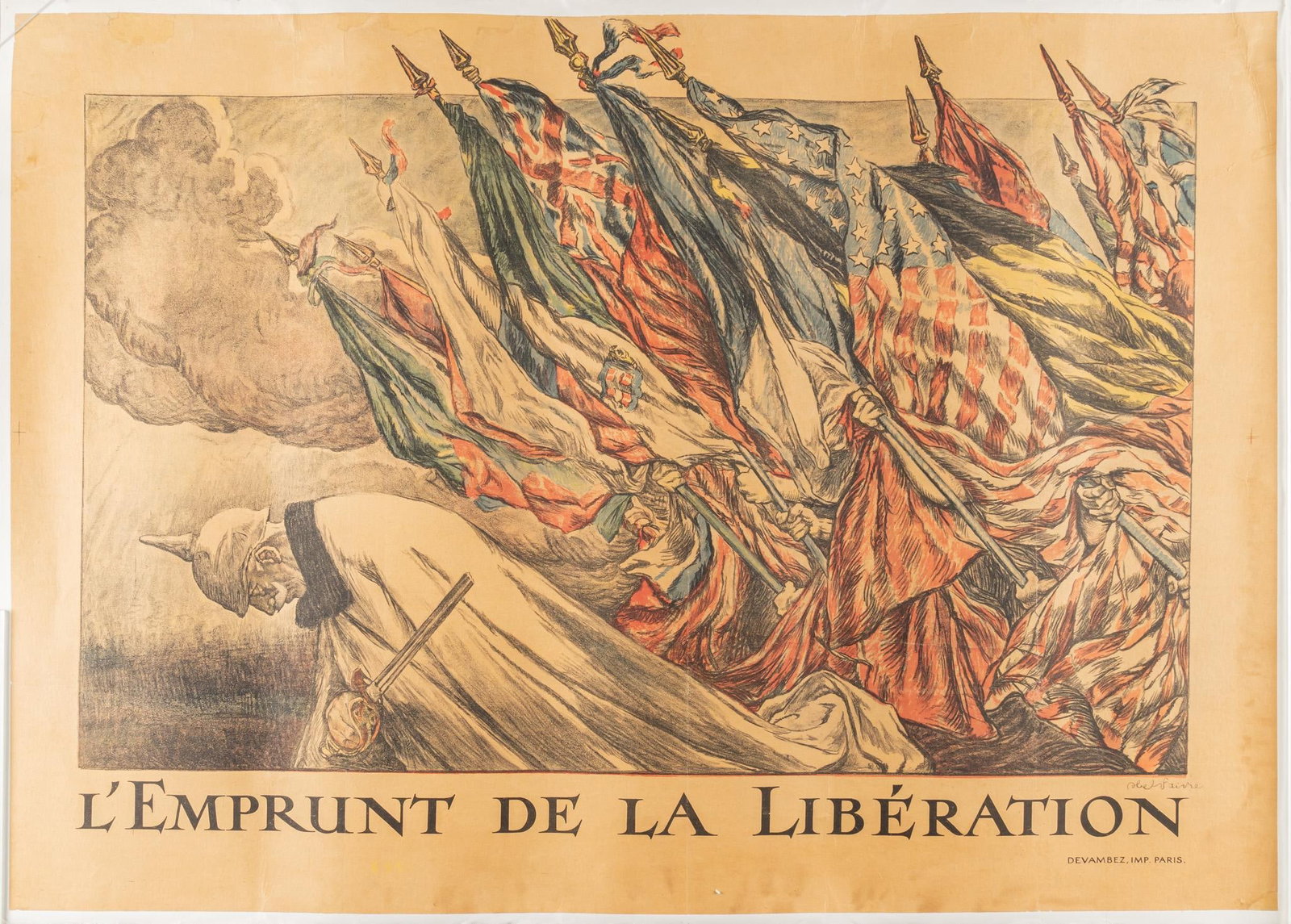 WWI Abel Faivre, L'Emprut De La Liberation Lithograph: Includes: -Abel Faivre, "L'Emprut De La Liberation", c. 1917, Devambez, Imp. Paris, Lithograph laid to canvas, wear commensurate with age including foxing & light crumbling along the e