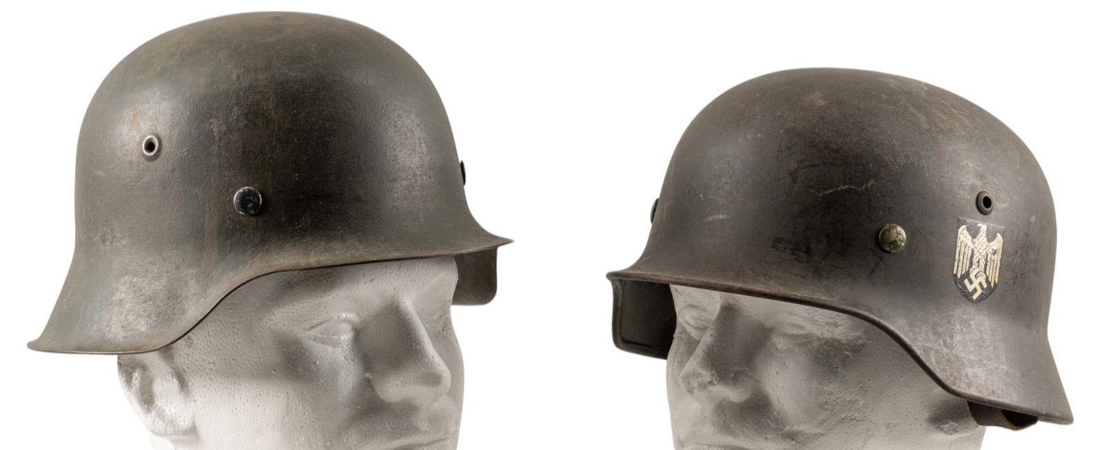 Pair of WWII German Heer Helmets: Includes: -WWII Late War M42 Single Decal: shell is original, but liner & strap appear to have been added; helmet marked "214C" & "ET60"; liner marked "53"; moderate we