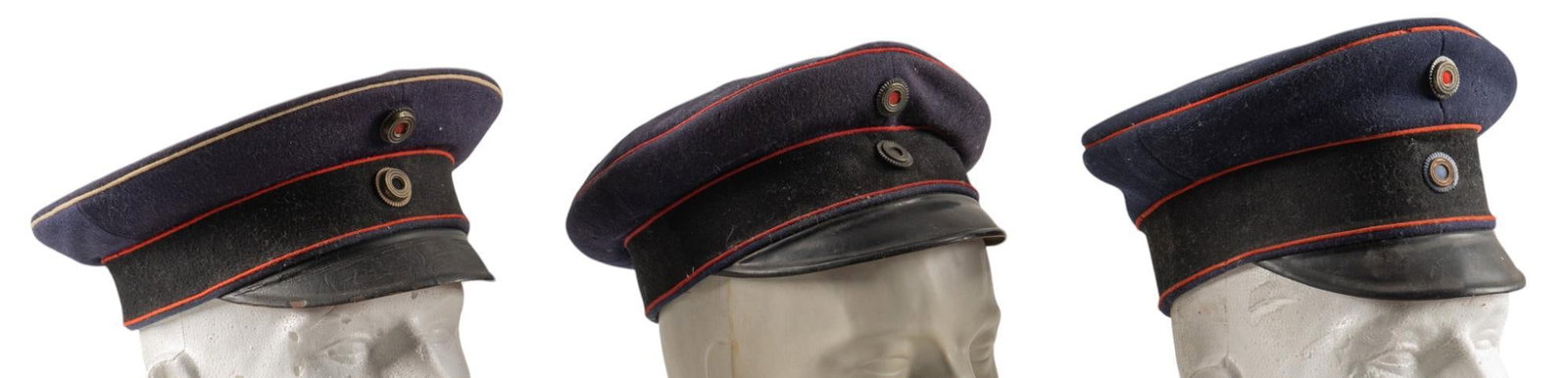 Collection of 3 Imperial German/Prussian Officer's Visor Caps: Includes: -3 x WWI Imperial German/Prussian Officer's Visor caps (navy blue color): (1) "Aug. Muller / MUNCHEN"; (2) unmarked; (3) unmarked; all in fair condition w/ wear & damage; eac