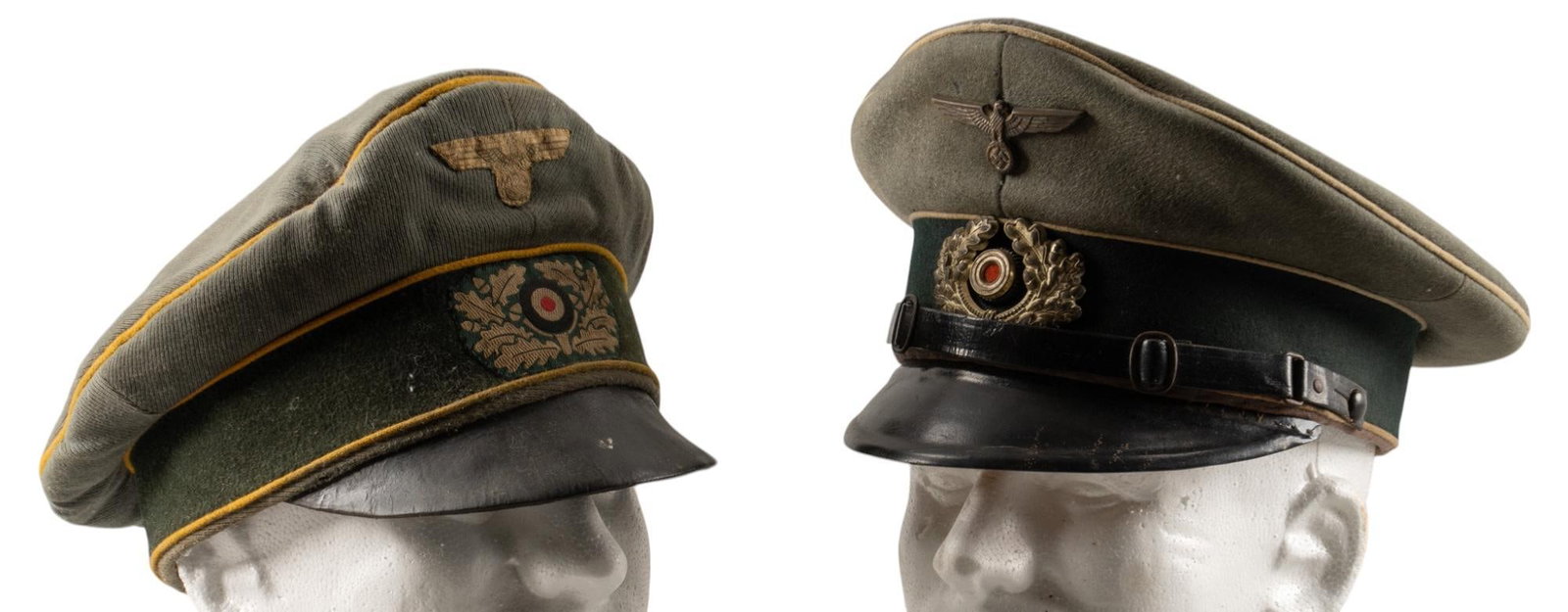 Pair of WWII German Heer NCO Visor Caps: Includes: -WWII German Heer NCO Visor cap: includes patch insignia; marked "REGENT" inside; (10 in. x 10 in. x 5 in.) -WWII German Heer NCO Visor cap: includes metal mounted insignia; (10 in. 