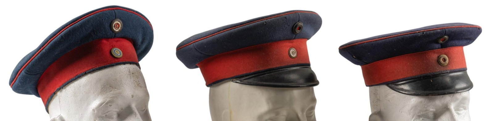 Collection of 3 Imperial German/Prussian Officer's Visor Caps: Includes: -3 x WWI Imperial German/Prussian Officer's Visor caps (navy blue color): (1) "Wilhelm Welhausen / Hannover"; (2) "B.A. XTV. / J.R. 113."; (3) unmarked; all in fair condi