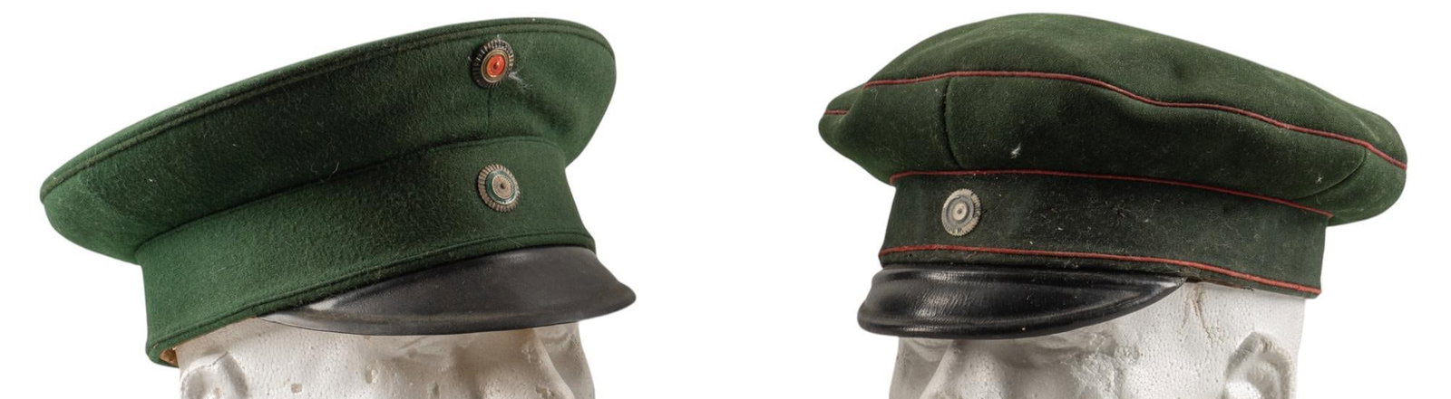 Pair of Imperial German/Prussian Officer's Visor Caps: Includes: -2 x WWI Imperial German/Prussian Officer's Visor caps (green color): (1) named to "Josef H....." (surname is illegible); (2) unmarked; both in fair condition w/ wear & damag