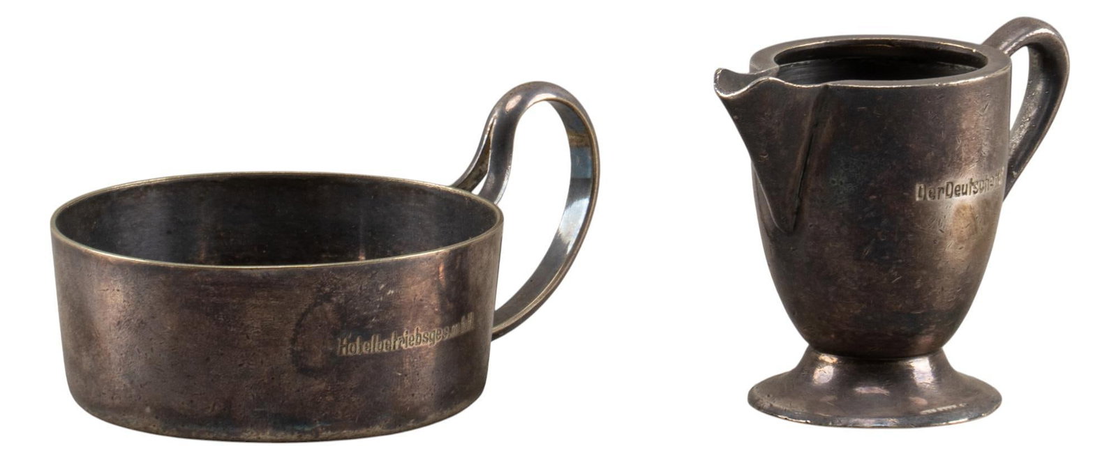 WWII German 800 Silver Der Deutsche Hof Creamer and NSDAP Wine Tasting Cup: Includes: -(1) WWII German Hof creamer: .800 fine silver; 3.83ozt.; (2.5 in. H x 3 in. W x 1.875 in. D) -(2) WWII German wine tasting cup: .800 fine silver; 3.755ozt.; (2 in. H x 4.5 in. W x 3 in. D) 