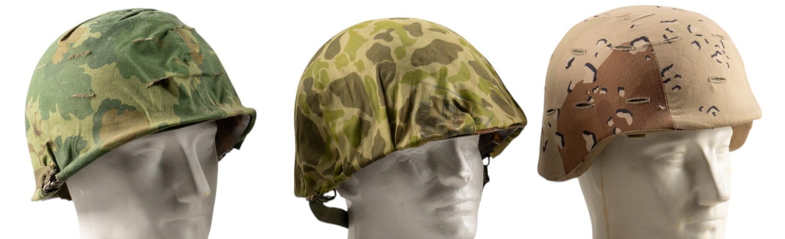 Collection of 3 US Vietnam & Gulf War Helmets: Includes: -Vietnam US Army helmet: inner & outer shell; liner & chinstrap; camouflage helmet wrap; (11 in. x 10 in. x 7 in.) -Vietnam US Army helmet: inner & ouer shell; liner & chinst