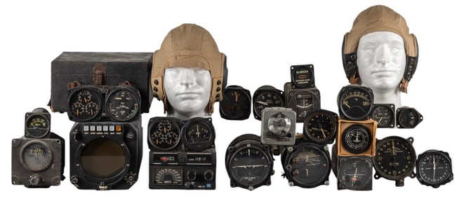 Pair of WWII US Army Air Forces Caps and 23 Aircraft Instruments
