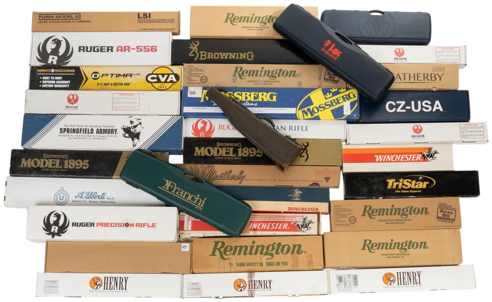 Collection of 33 Mixed Long Gun Boxes/Cases: Includes: Collection of 33 long gun boxes -boxes for Remington, Winchester, Browning, Ruger, Henry, Springfield, Weatherby, CZ, Colt, Rossi, CVA & Mossberg (some boxes have manuals) -3 plastic sho