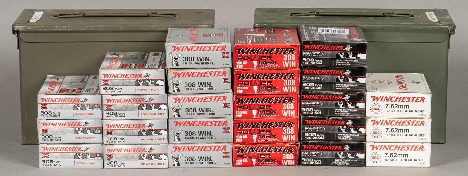 465 Rounds of Mixed Winchester 308 Win Ammunition: Includes: -88 rds of Winchester Power Max 308 Win 150gr. Bonded -97 rds of Winchester 308 Win 168gr. Ballistic Silvertip -43 rds of Winchester 7.62x51 147gr. FMJ -177 rds of Winchester Super-X 150gr. 