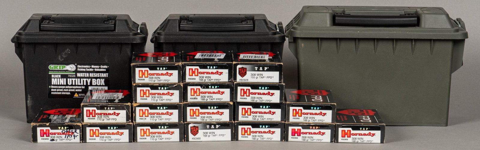 354 Rounds of Mixed Hornady TAP 308 Win Ammunition: Includes: -200 rds of Hornady TAP 308 Win 168gr. TAP FPD -137 rds of Hornady TAP 308 Win 110 gr. TAP FPD -17 rds of Hornady TAP 308 Win 155gr. TAP FPD Provenance: A Georgetown, Texas estate Note: We d