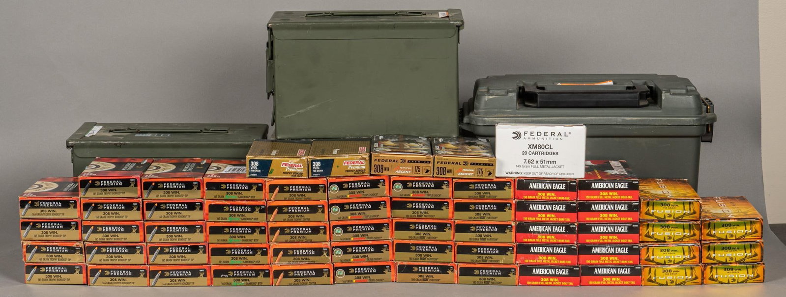 1100 Rounds of Mixed Federal 308 Win Ammunition: Includes: -92 rounds of Federal Premium Vital Shok 165gr Trophy Copper -117 rounds of Federal Premium Vital Shok 165gr Barnes Triple-Shock -180 rounds of Federal Premium Vital Shok 180gr Nosler Partit
