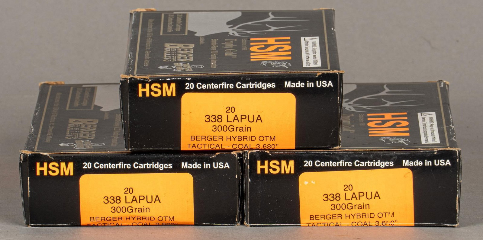 57 Rounds of HSM 338 Lapua Magnum Ammunition: Includes: -57 rds of HSM 338 Lapua Mag 300gr. Berger Hybrid OTM (3 spent casings) Provenance: A Georgetown, Texas estate