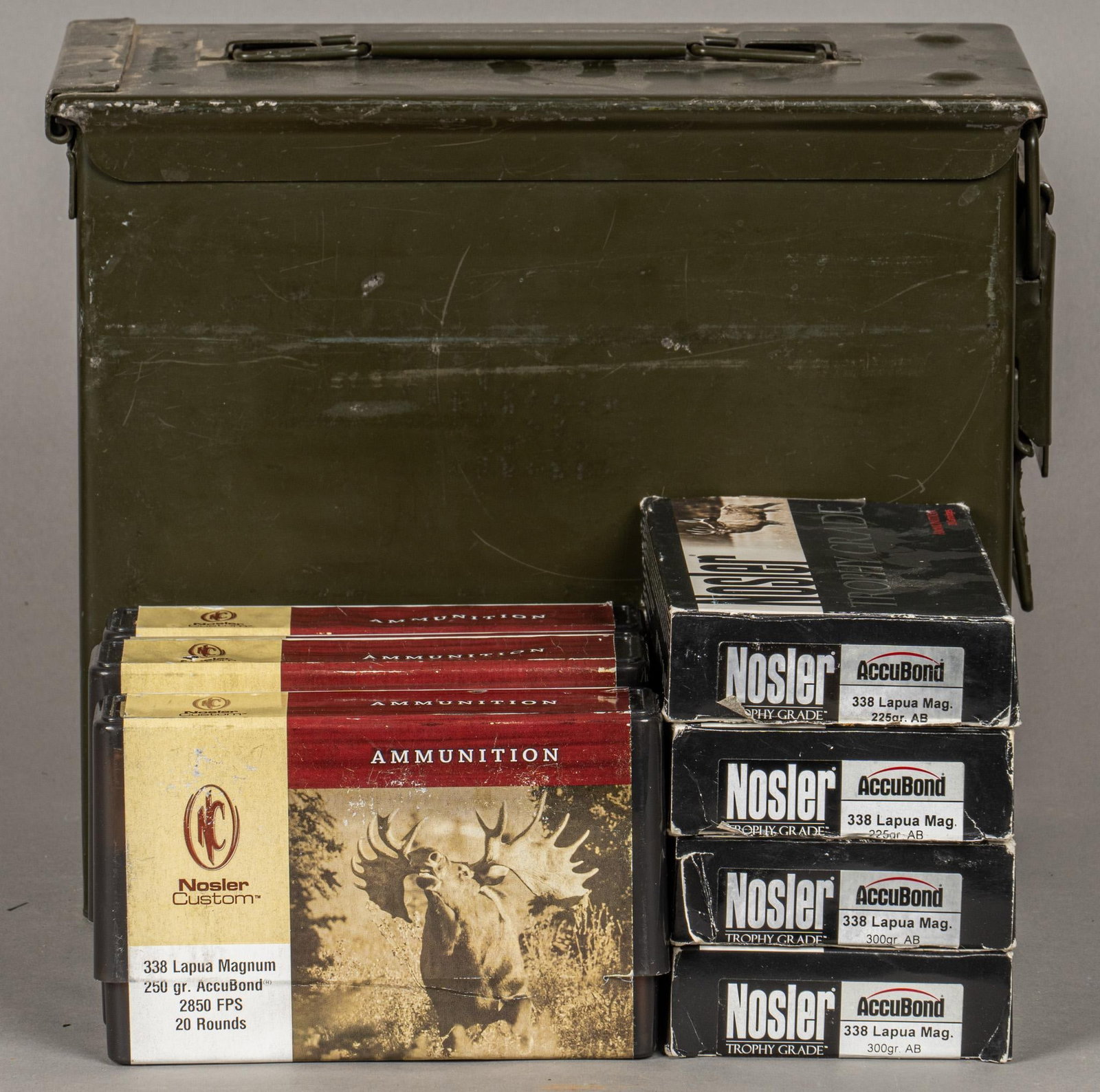 132 Rounds of Nosler Accubond 338 Lapua Magnum Ammunition: Includes: -28 rds of Nosler Accubond 338 Lapua Mag 225gr. AB (11 spent casings) -35 rds of Nolser Accubond 338 Lapua Mag 300gr. AB (5 spent casings) -69 rds of Nosler Accubond 338 Lapua Mag 250gr. AB 