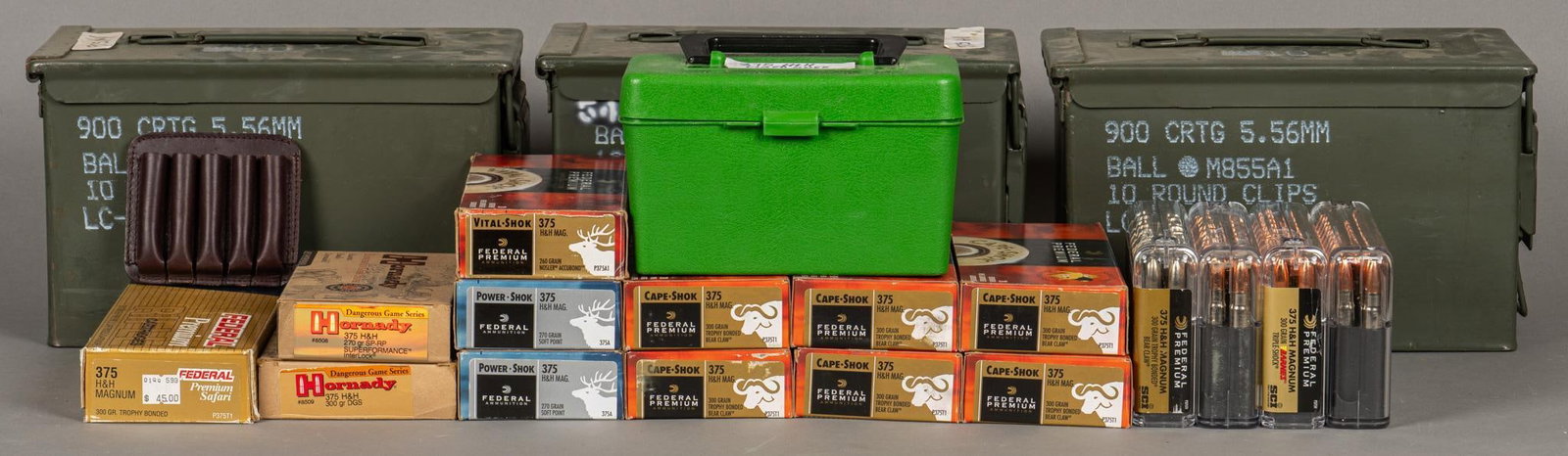 293 Rounds of Mixed 375 H&H Magnum Ammunition: Includes: -40 rds of Federal Premium Safari 375 H&H Mag 300gr. Barnes Triple-Shock -134 rds of Federal Premium Safari 375 H&H Mag 300gr. Trophy Bonded Bear Claw -20 rds of Federal Premium Safa