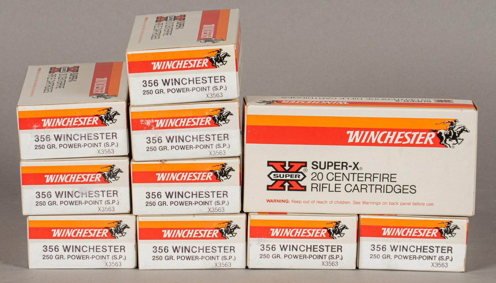 200 Rounds of Winchester 356 Win Ammunition: Includes: -200 rds of Winchester Super-X 356 Win 250gr. PP SP Provenance: From the Estate of Mark Kilgore, Dripping Springs, Texas