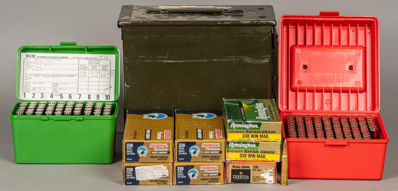 120 Rounds of Mixed 338 Win Mag Ammunition: Includes: -80 rds of Federal 338 Win Mag 225gr. Trophy Bonded Bear Claw -3 rds of Federal 338 Win Mag 225gr. Barnes Triple-Shock X-Bullet (6 spent casings) -37 rds of Remington Safari Grade 338 Win Ma