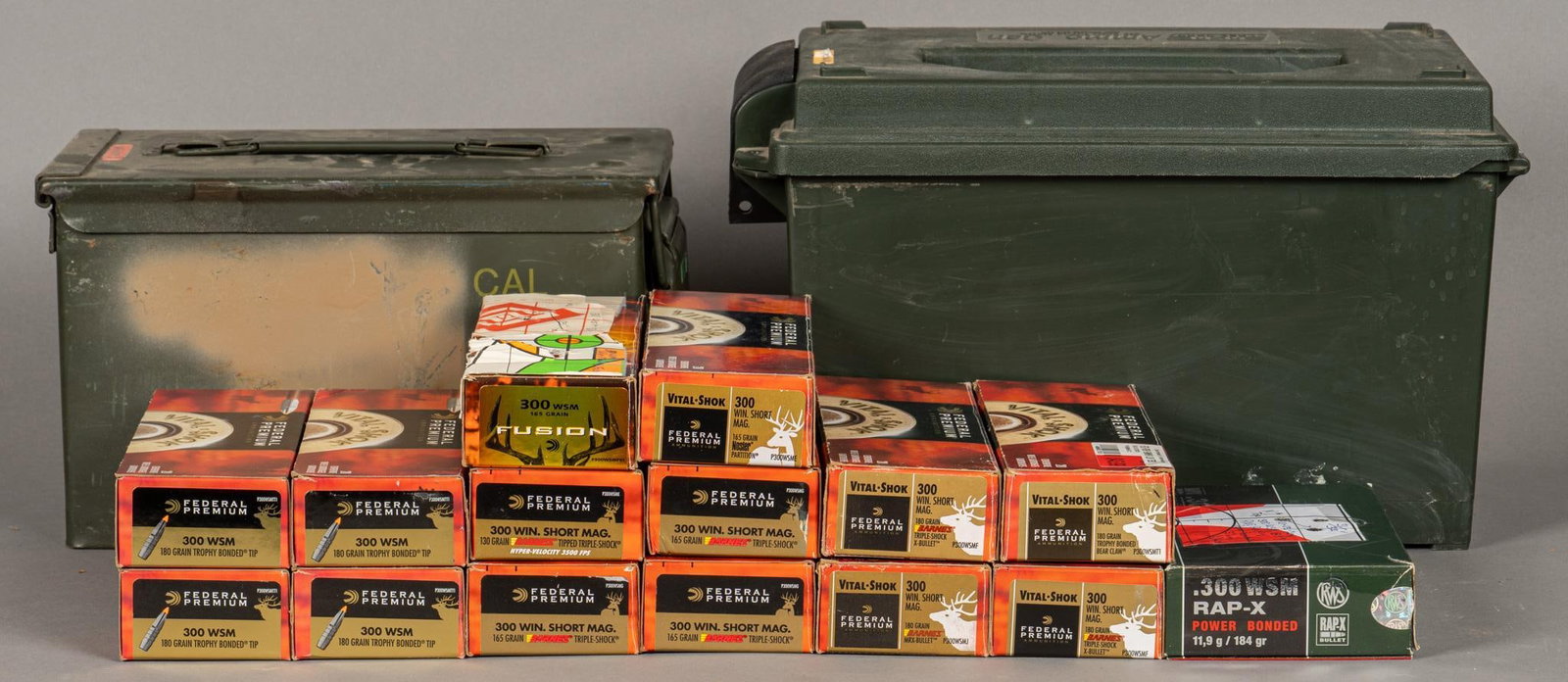 198 Rounds of Mixed 300 WSM Ammunition: Includes: -5 rds of RXS 300 WSM RAP-X Power Bonded (15 spent casings) -80 rds of Federal 300 WSM 180gr. Trophy Bonded Tip -40 rds of Federal 300 WSN 165gr. Barnes Triple Shock -20 rds of Federal 300 W