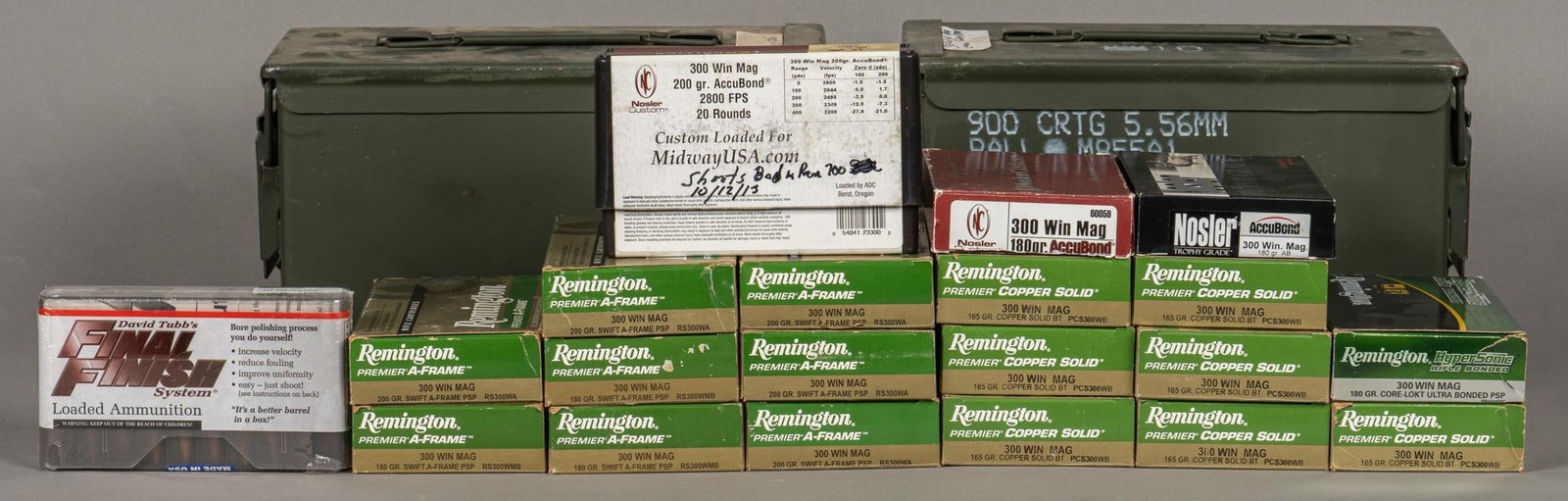 344 Rounds of Mixed 300 Win Mag Ammunition: Includes: -123 rds of Remington 300 Win Mag 165gr. Copper Solid BT (17 spent casings) -17 rds of Remington Hyper Sonic 300 Win Mag 180gr. Core-Lokt Ultra Bonded PSP (3 spent casings) -80 rds of Reming