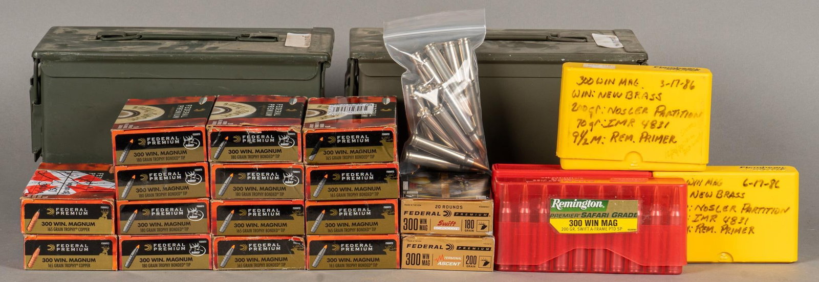 353 Rounds of Mixed 300 Win Mag Ammunition: Includes: -99 rounds of Federal 300 Win Mag 180gr. Trophy Bonded Tip (21 spent casings) -102 rds of Federal 300 Win Mag 165gr. Trophy Bonded Tip (18 spent casings) -34 rds of Federal 300 Win Mag 165gr