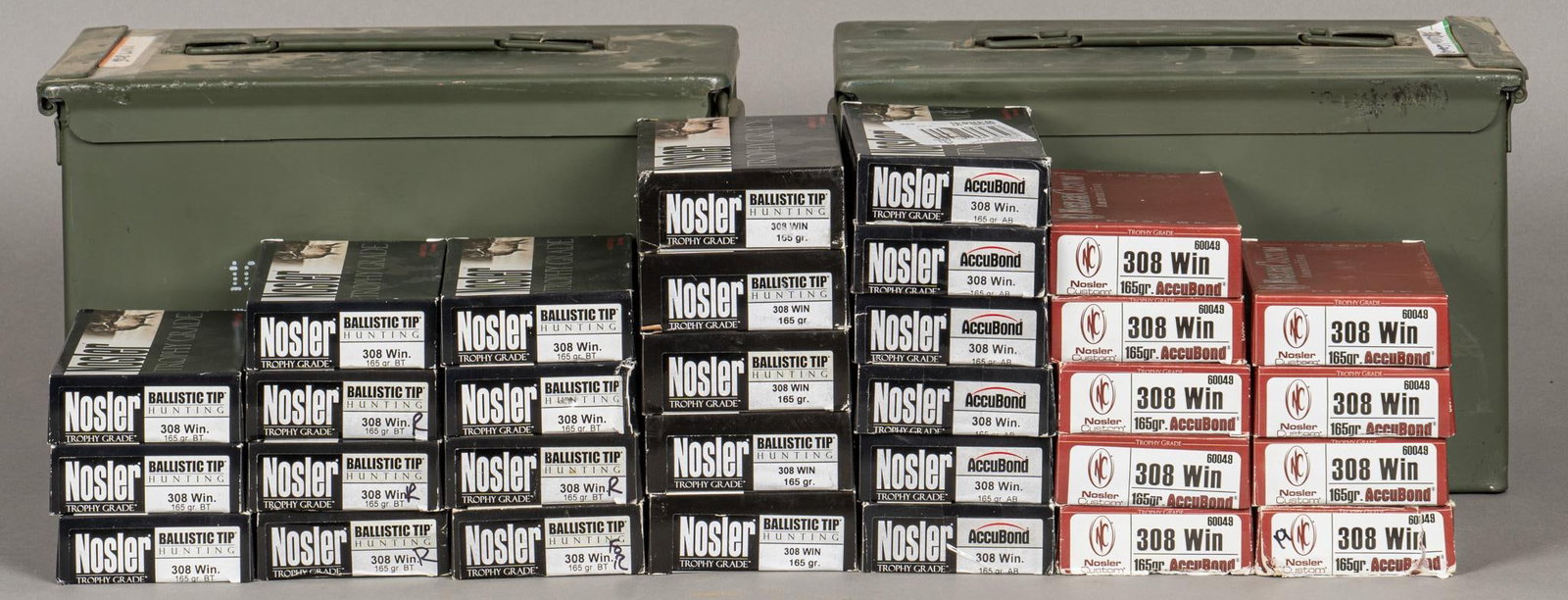 617 Rounds of Mixed Nosler 308 Win Ammunition: Includes: -179 rds of Nosler Custom 308 Win 165gr. AccuBond -120 rds of Nosler Trophy Grade 308 Win 165gr. AccuBond -98 rds of reloaded Nosler Trophy Grade 308 Win 165gr. BT -220 rds of Nosler Trophy 