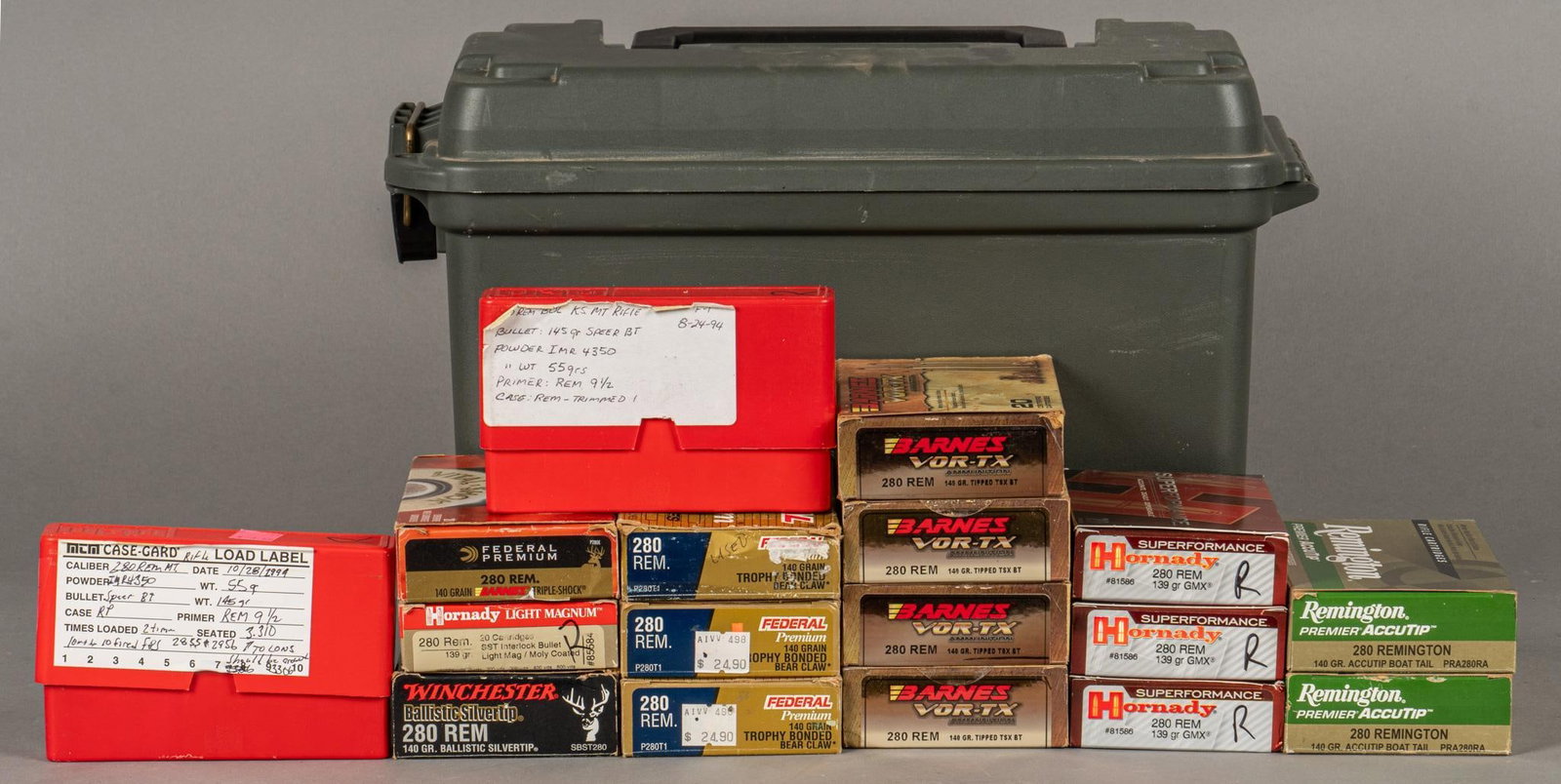 288 Rounds of Mixed 280 Remington Ammunition: Includes: -60 rds of reloaded 280 Rem Hornady 139gr. GMX (Remington casings) -80 rds of Barnes VOR-TX 280 Rem 140gr. Tipped TSX BT -40 rds of Remington 280 Rem 140gr. Accutip BT -50 rds of Federal 280