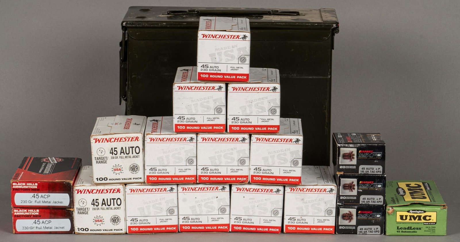 1410 Rounds of 45 ACP Ammunition: Includes: -1200 rds of Winchester 45 ACP 230gr. FMJ -100 rds of Black Hills 45 ACP 230gr. FMJ -50 rds of Remington UMC 45 ACP 230gr. FNEB -60 rds of Barnes TAC-XPD 45 ACP 185gr. +P Provenance: A G