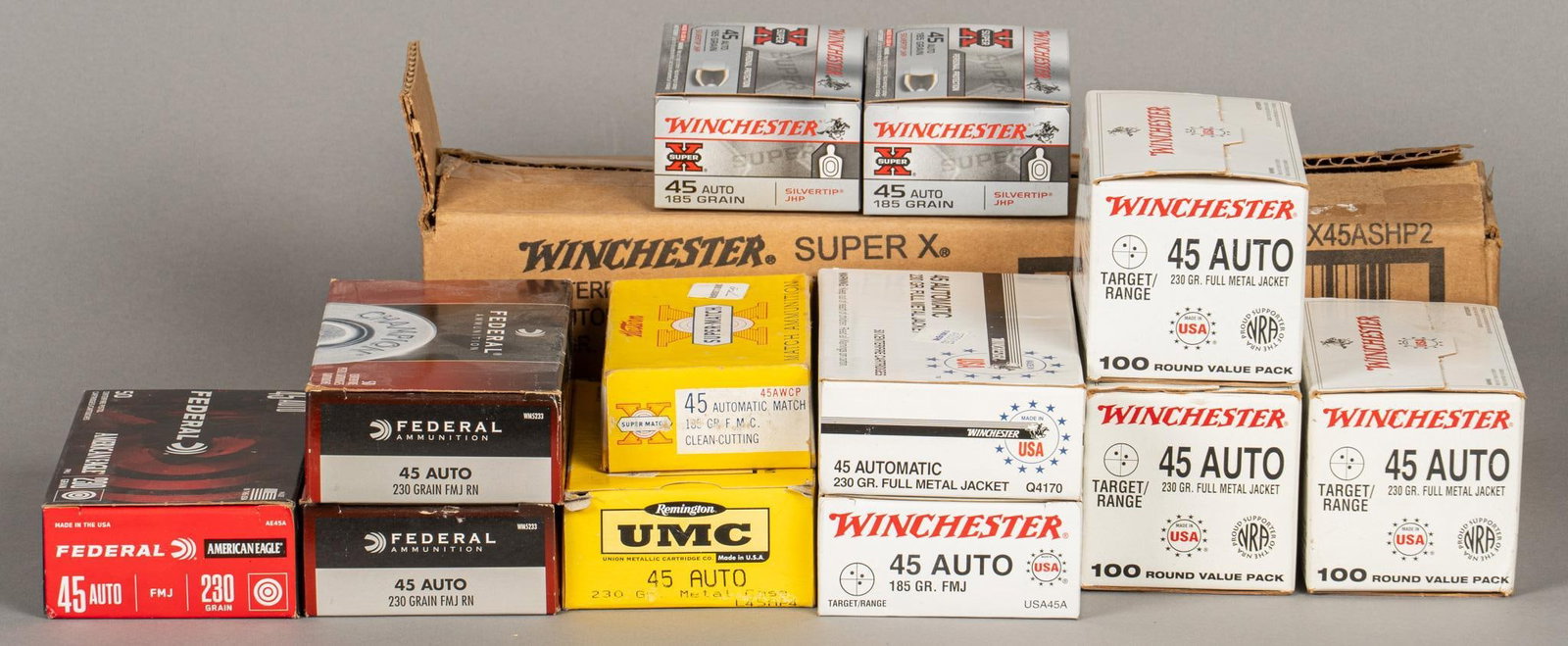 830 Rounds of Mixed 45 ACP Ammunition: Includes: -180 rds of Winchester Super-X 45 ACP 185gr. Silvertip JHP -350 rds of Winchester 45 ACP 230gr. FMJ Target -50 rds of Winchester 45 ACP 185gr. FMJ Target -50 rds of Winchester-Western Super 